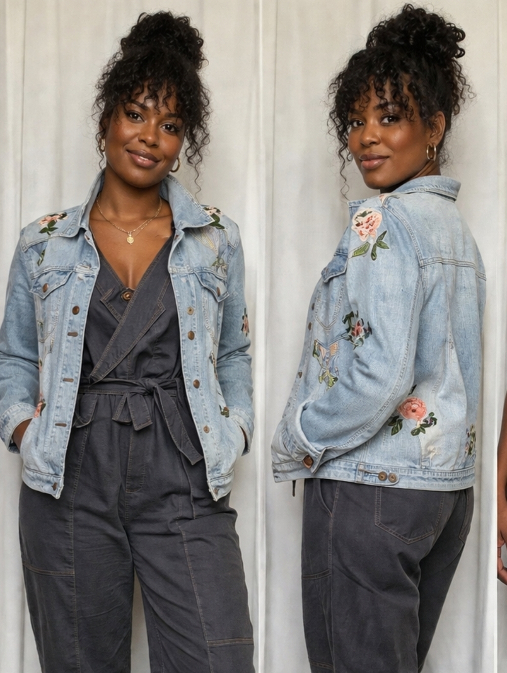 Olivaceous Light Blue Embroidered Floral Denim Jacket Size Small - Picture 2 of 5